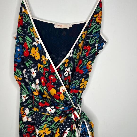 Tory Burch Navy Blue Polka Dot Floral Grotto Wrap Dress Size 14 - Picture 9 of 10